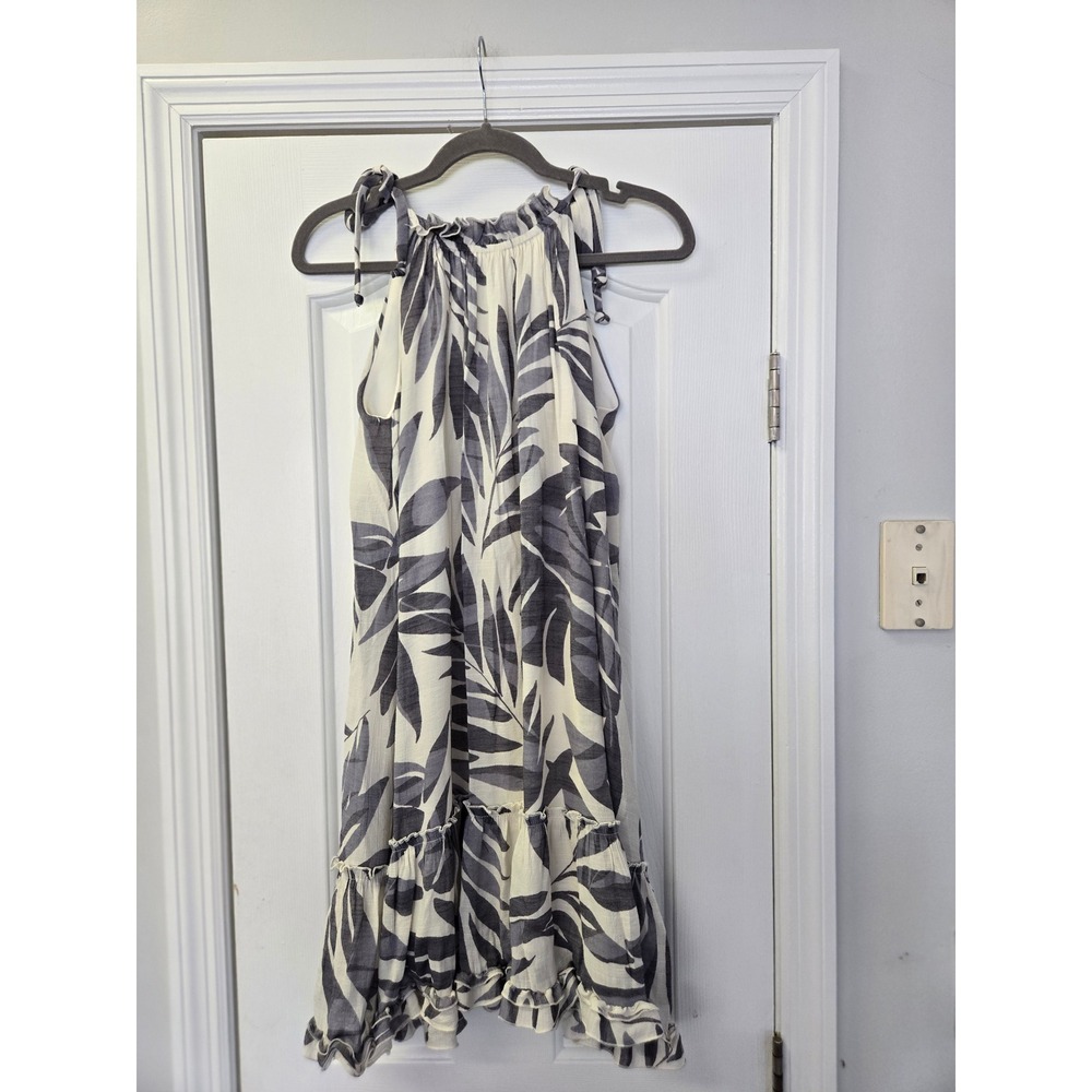 Robbie Bee Grey White Tropical Palm Leaf Tiered Ruffle Summer Dress Resortwear M